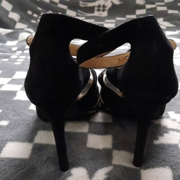 BCBG Fantina Black Suede Clear Cutouts 3.5 I ch Stiletto Heel Sandals Size 6.5 - Picture 12 of 15